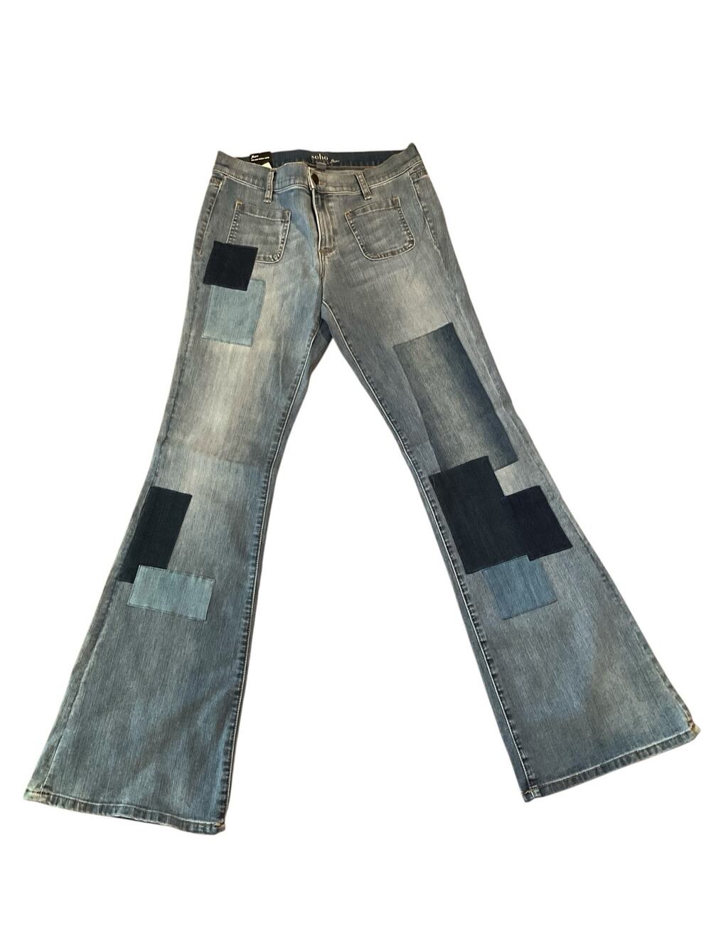 New York & Company Soho Flare Jeans Women 8 Blue Denim Patchwork Boho Streetwear